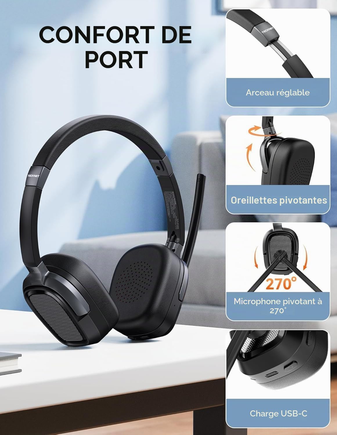 TECKNET Casque Bluetooth 6.0 sans Fil avec Micro ENC Anti-Bruit – 40h Autonomie, Adaptateur USB-A, Double Connexion – PC, Télétravail, Visioconférence