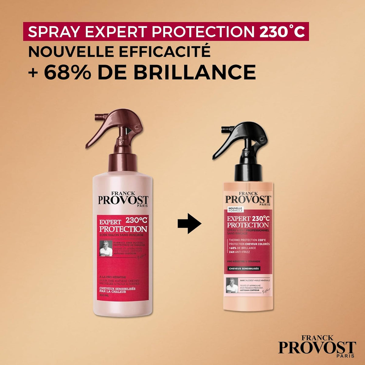 Franck Provost Soin 4-en-1 Sans Rinçage Protection Chaleur 230°C 190ml | Pro-Kératine et Céramide, +68% brillance, Action 24h anti-frizz, Sans alcool éthylique ni huile minérale