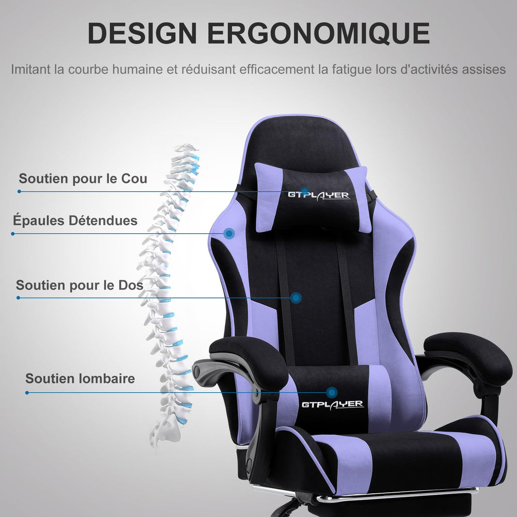 GTPLAYER Chaise Gaming Ergonomique, Fauteuil Gamer, Chaise Bureau, Dossier réglable à 135°, Hauteur Réglable, Repose-Pieds rétractables, Simili Cuir, Supporte 150 kg, Bleu