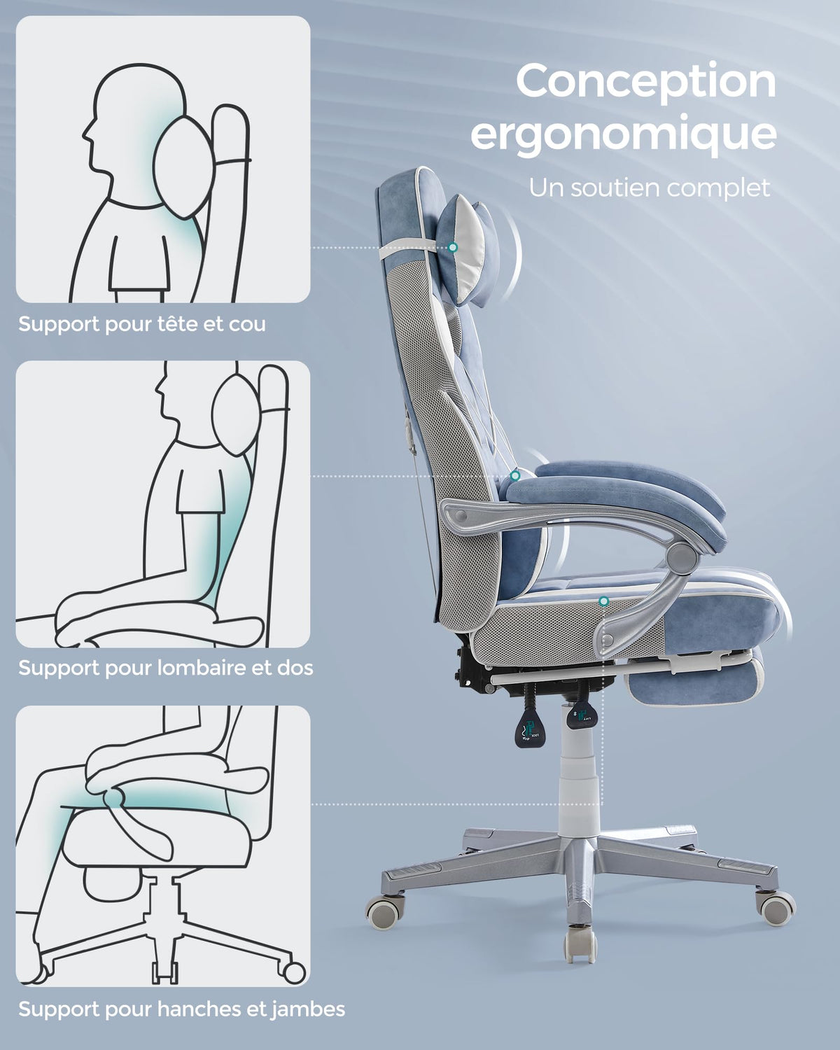 SONGMICS Fauteuil de Bureau Gaming OBG073B03 – Ergonomique, Repose-pieds, Appui-tête, 150 kg
