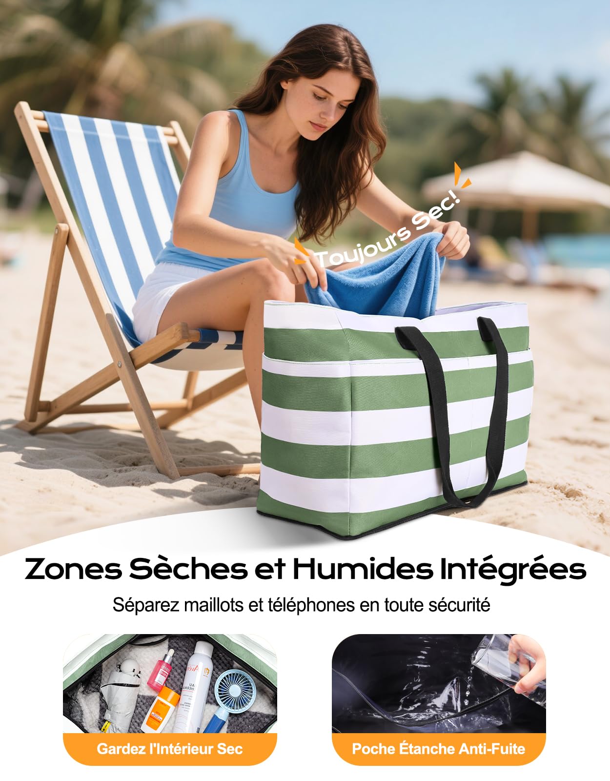 CIRYCASE Sac de Plage XXL 54L avec Isotherme Détachable – Étanche, Compartiment Sec-Humide, Pliable, Femme/Famille