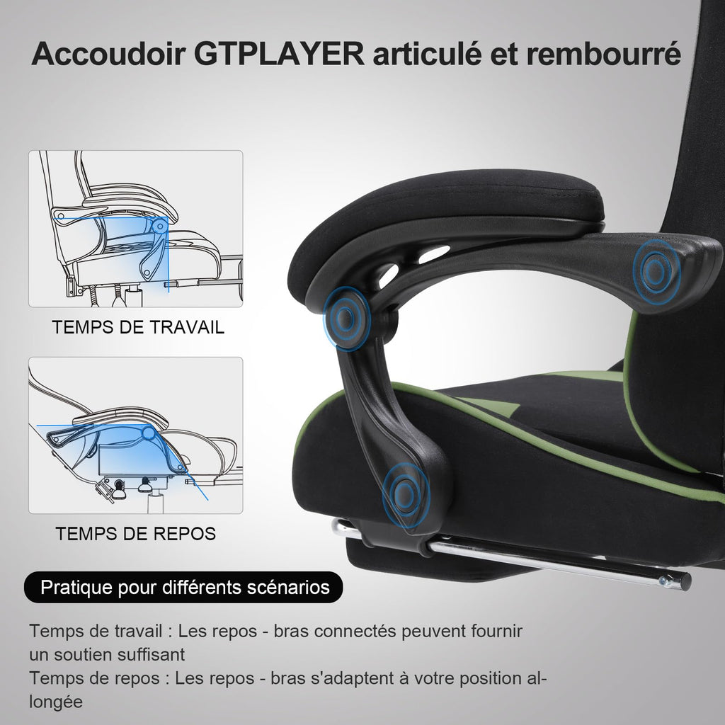 GTPLAYER Chaise Gaming Ergonomique, Fauteuil Gamer, Chaise Bureau, Dossier réglable à 135°, Hauteur Réglable, Repose-Pieds rétractables, Simili Cuir, Supporte 150 kg, Bleu