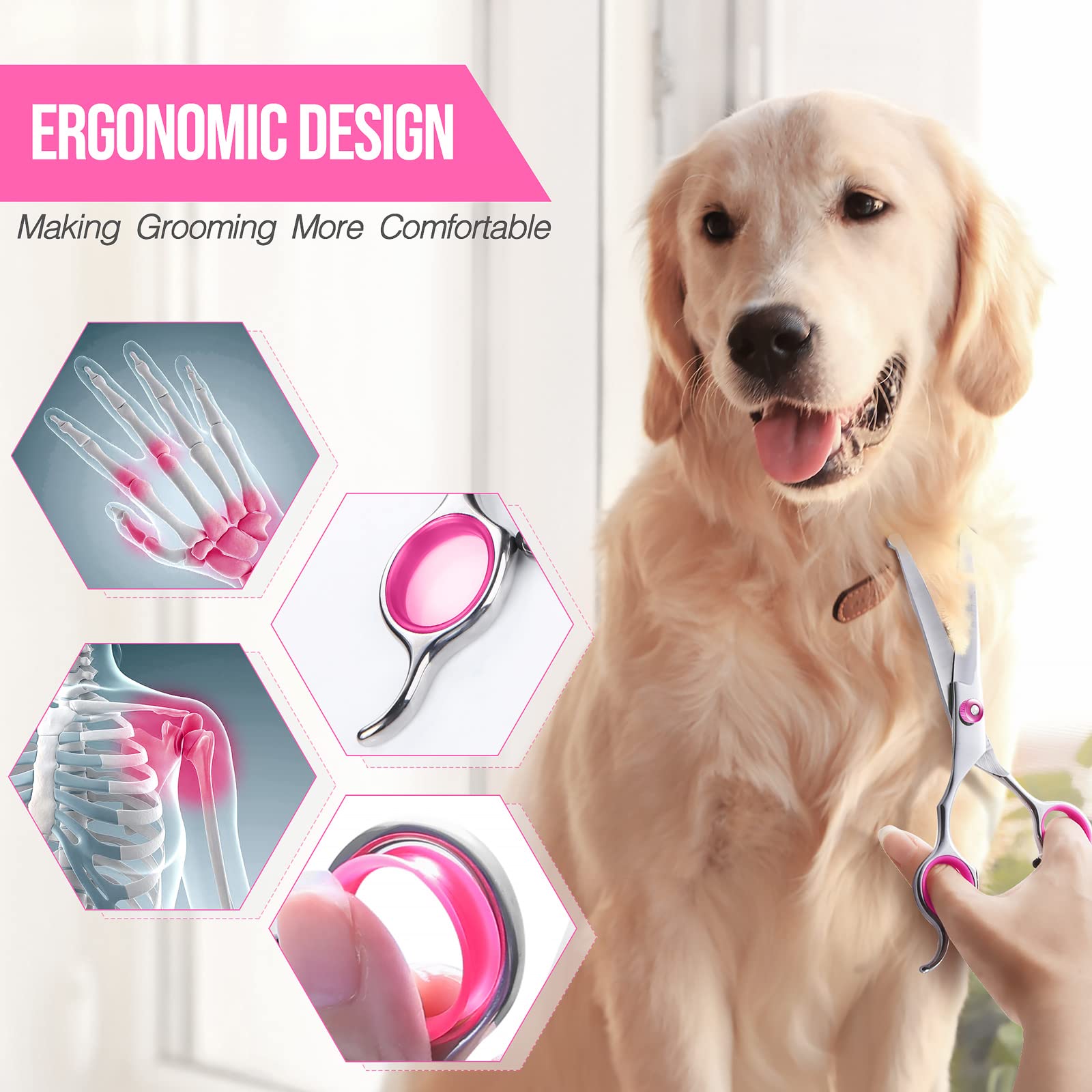 Gimars Ciseaux de toilettage professionnels pour chiens 4CR avec pointe ronde de sécurité, ciseaux droits, effilés et incurvés avec revêtement en titane