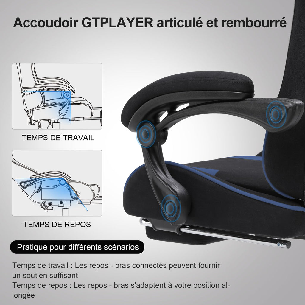 GTPLAYER Chaise Gaming Ergonomique, Fauteuil Gamer, Chaise Bureau, Dossier réglable à 135°, Hauteur Réglable, Repose-Pieds rétractables, Simili Cuir, Supporte 150 kg, Bleu