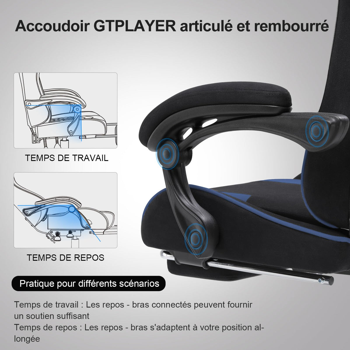GTPLAYER Chaise Gaming Ergonomique, Fauteuil Gamer, Chaise Bureau, Dossier réglable à 135°, Hauteur Réglable, Repose-Pieds rétractables, Simili Cuir, Supporte 150 kg, Bleu
