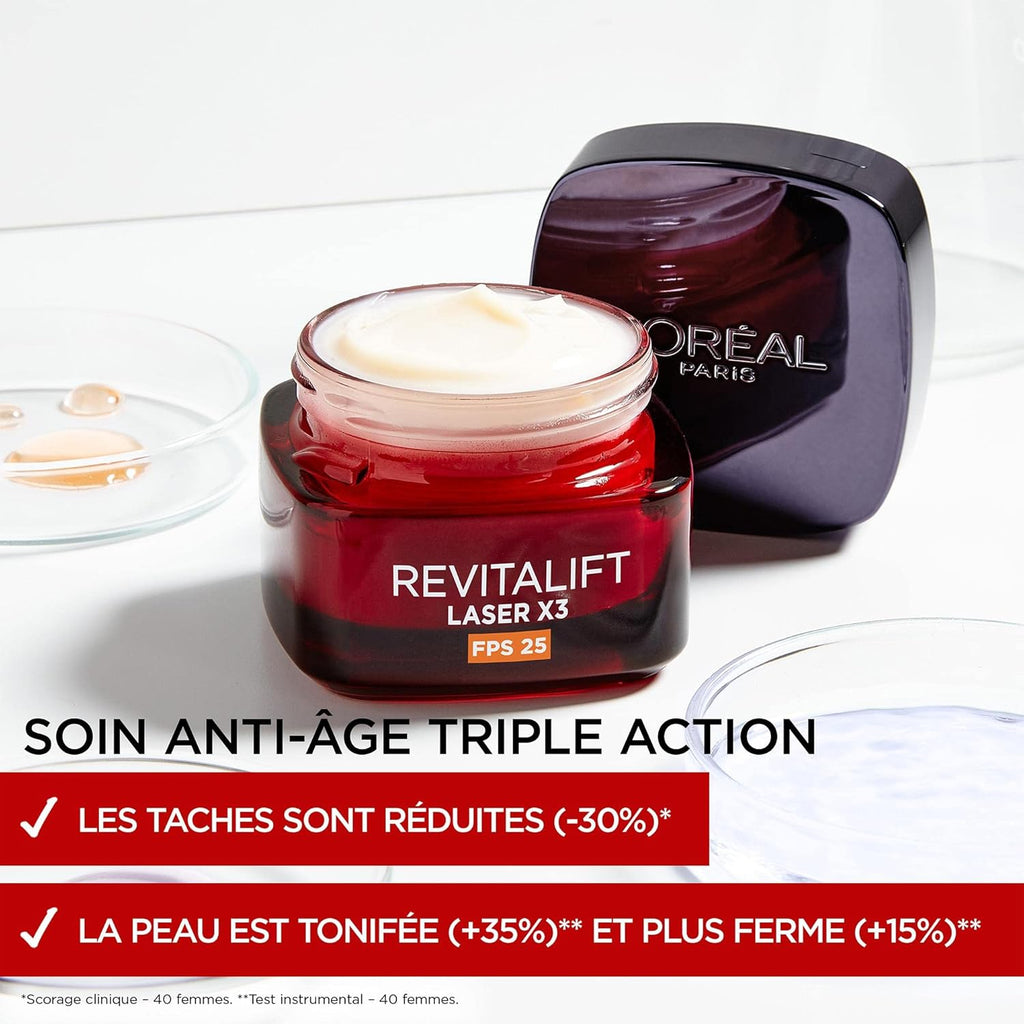 L'Oréal Paris Revitalift Laser X3 - Crème de Jour Anti-Âge FPS 25 - Acide Hyaluronique, Pro-Rétinol & Vitamine C - 50ml