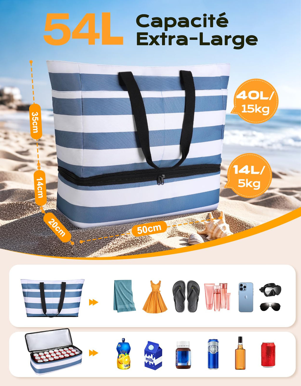 CIRYCASE Sac de Plage XXL 54L avec Isotherme Détachable – Étanche, Compartiment Sec-Humide, Pliable, Femme/Famille