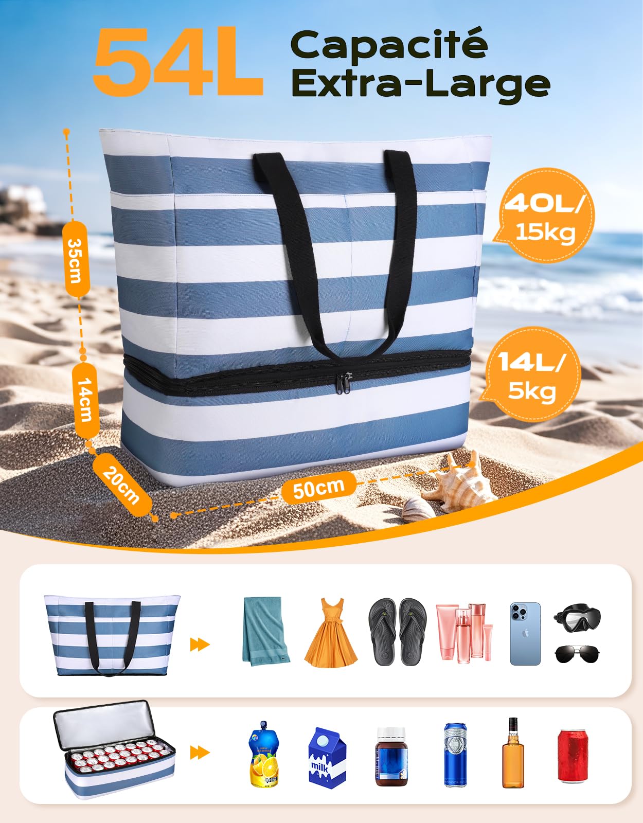 CIRYCASE Sac de Plage XXL 54L avec Isotherme Détachable – Étanche, Compartiment Sec-Humide, Pliable, Femme/Famille