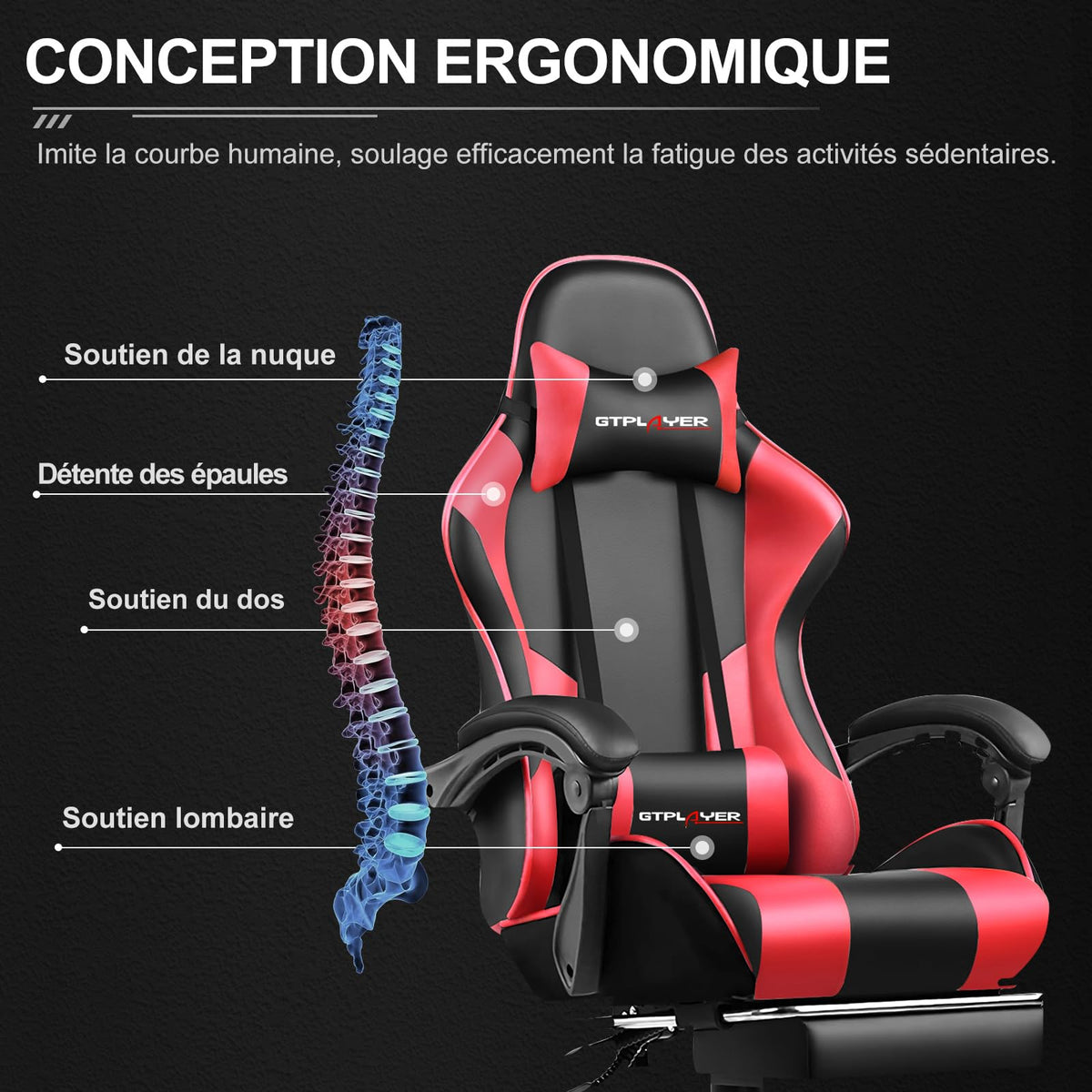 GTPLAYER Chaise Gaming Ergonomique, Fauteuil Gamer, Chaise Bureau, Dossier réglable à 135°, Hauteur Réglable, Repose-Pieds rétractables, Simili Cuir, Supporte 150 kg, Bleu