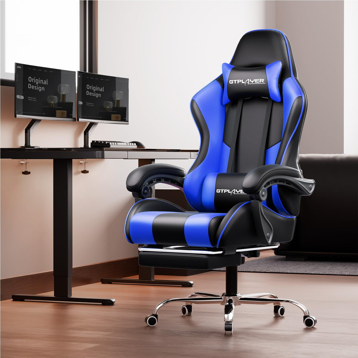 GTPLAYER Chaise Gaming Ergonomique, Fauteuil Gamer, Chaise Bureau, Dossier réglable à 135°, Hauteur Réglable, Repose-Pieds rétractables, Simili Cuir, Supporte 150 kg, Bleu