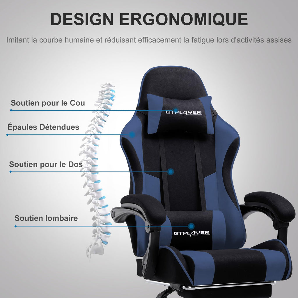 GTPLAYER Chaise Gaming Ergonomique, Fauteuil Gamer, Chaise Bureau, Dossier réglable à 135°, Hauteur Réglable, Repose-Pieds rétractables, Simili Cuir, Supporte 150 kg, Bleu