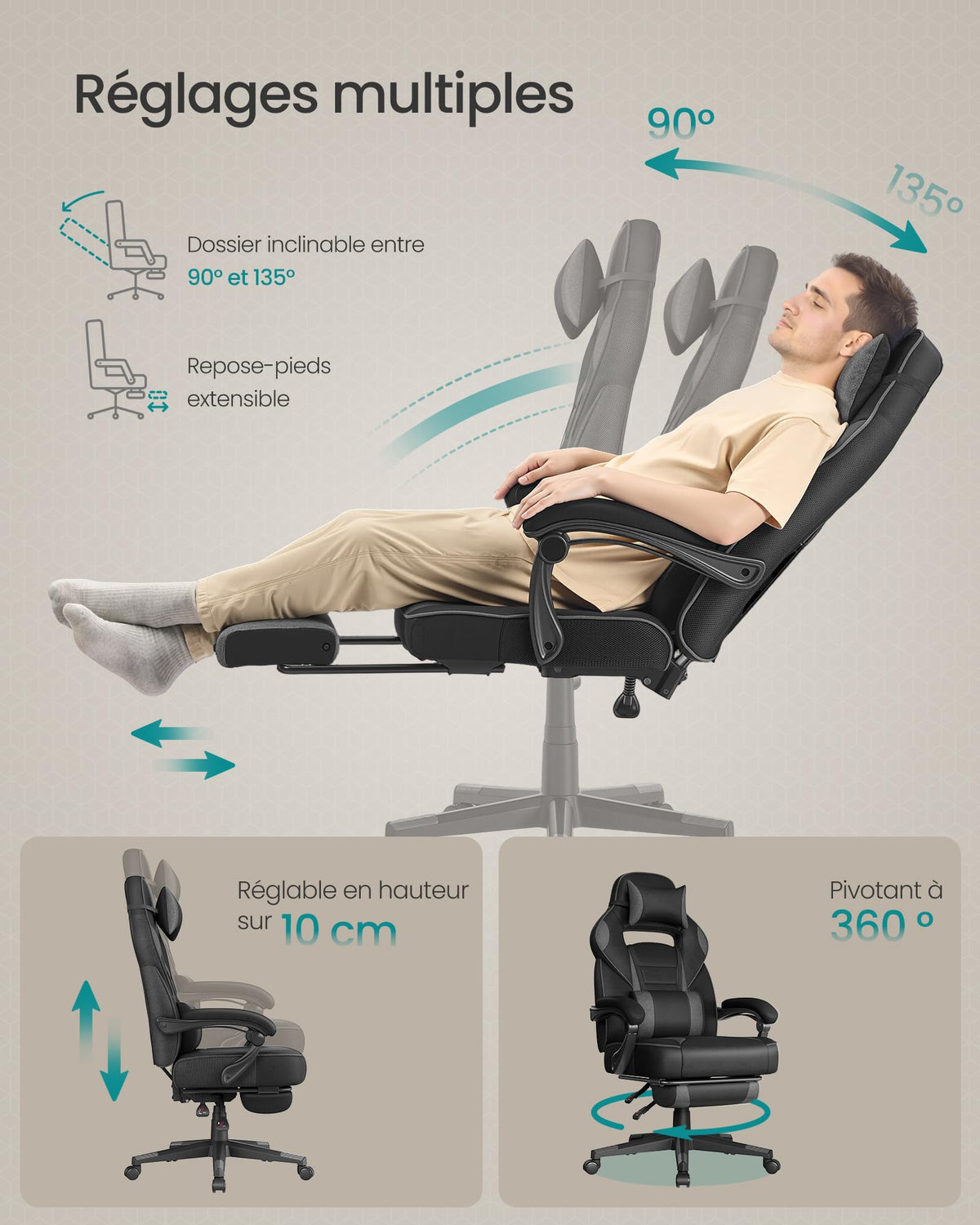 SONGMICS Fauteuil de Bureau Gaming OBG073B03 – Ergonomique, Repose-pieds, Appui-tête, 150 kg