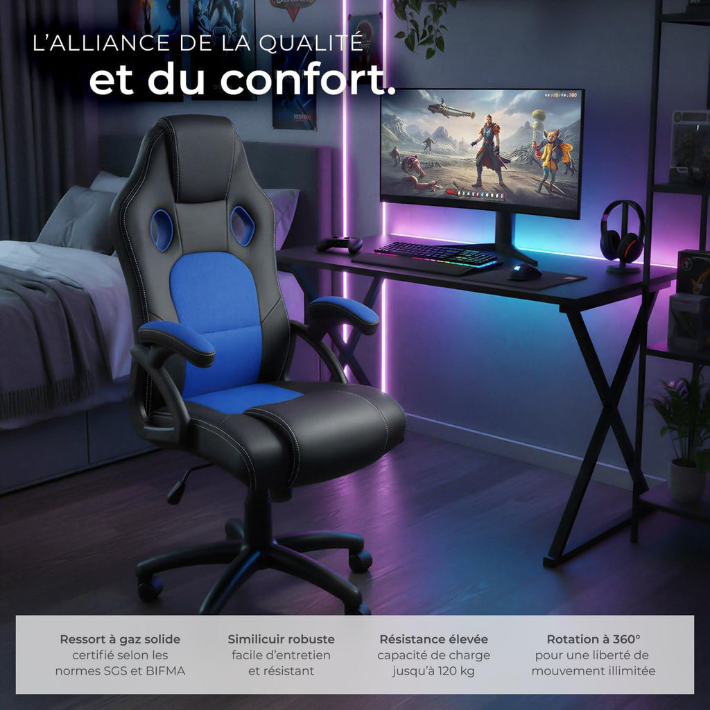 TecTake® Chaise de Bureau Fauteuil de Bureau Fauteuil pivotant Design Chaise Gaming, Siege Ergonomique, Fauteuil avec Accoudoirs, Rembourrage épais, Roulette, Hauteur réglable Teletravail