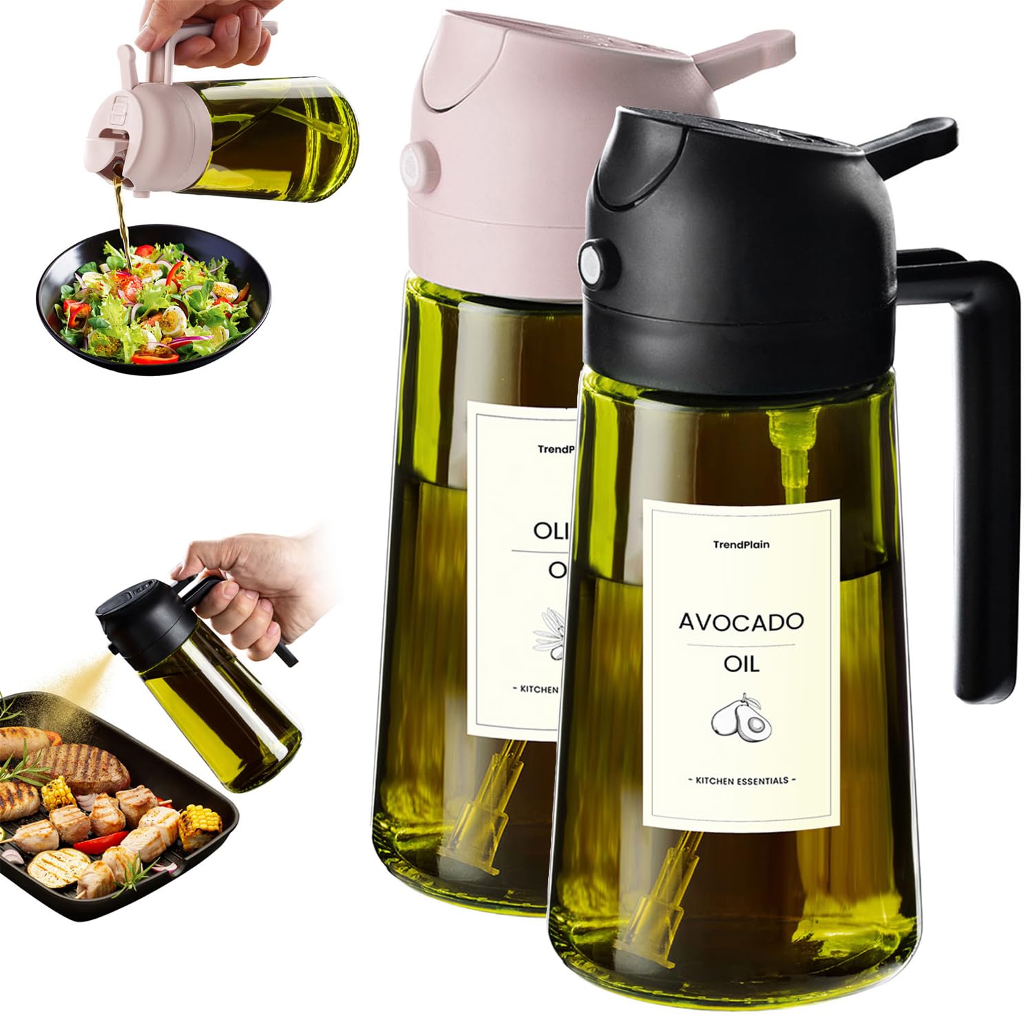 TrendPlain Vaporisateur Huile Cuisine 470ml – Spray 2-en-1 Air Fryer, Salades & Cuisson (Noir)