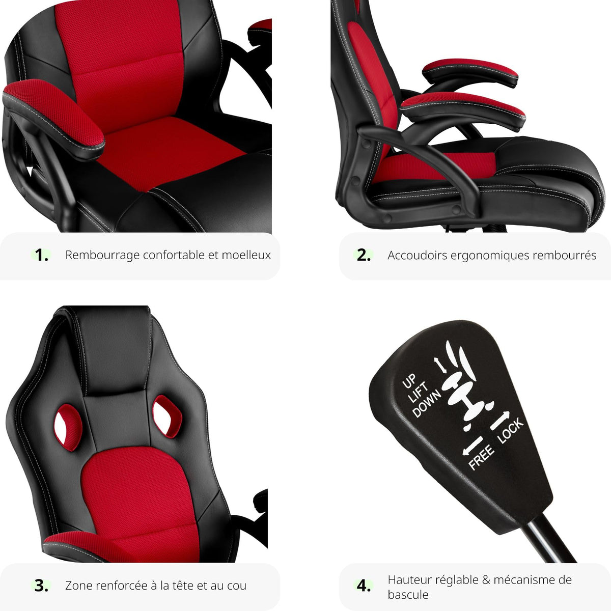 TecTake® Chaise de Bureau Fauteuil de Bureau Fauteuil pivotant Design Chaise Gaming, Siege Ergonomique, Fauteuil avec Accoudoirs, Rembourrage épais, Roulette, Hauteur réglable Teletravail