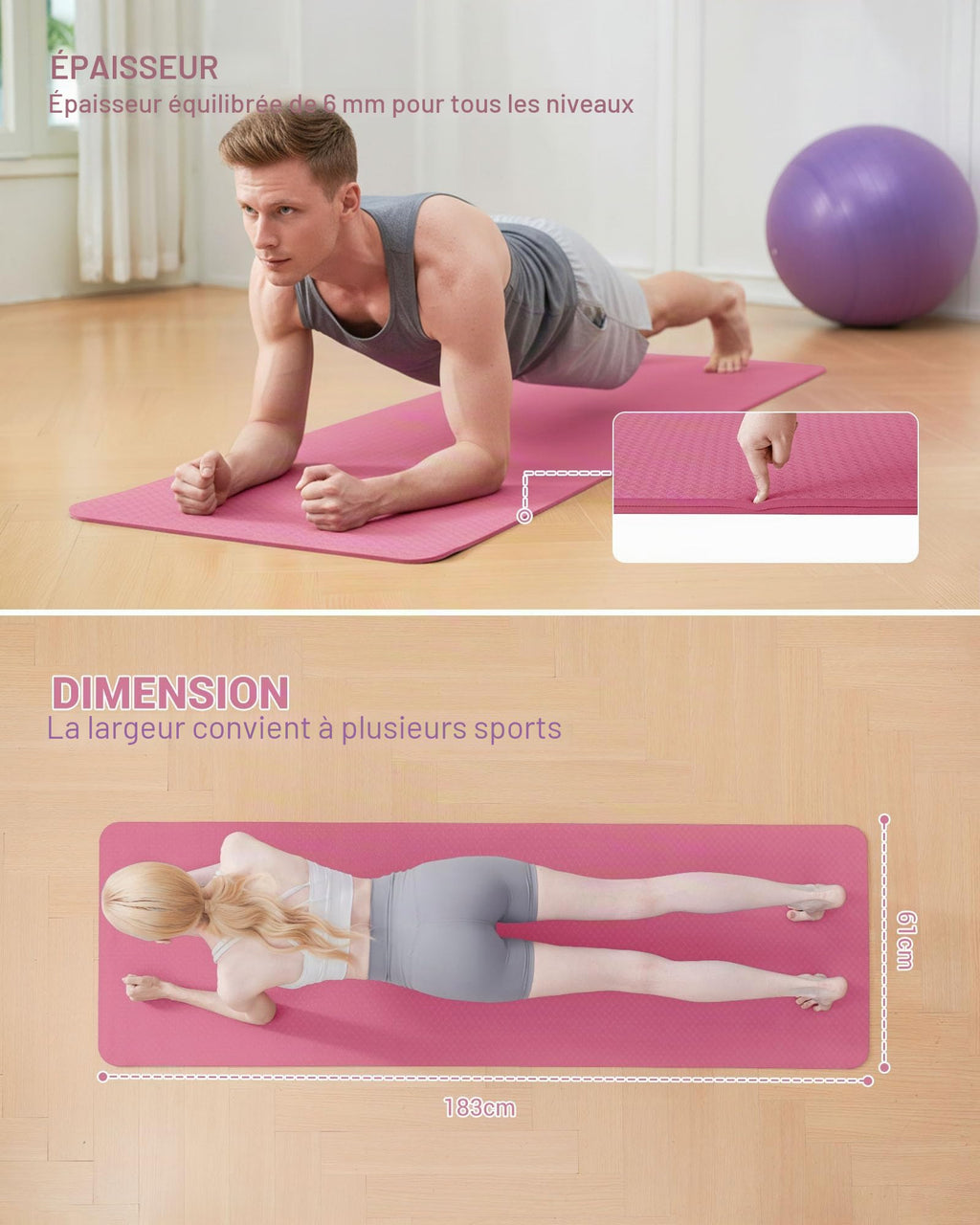 Good Nite Tapis de Yoga de Gymnastique de Exercice Fitness Tapis Fitness Antidérapant de Sport de Pilates avec Sangle de Transport 183 x 61 x 0,6 cm