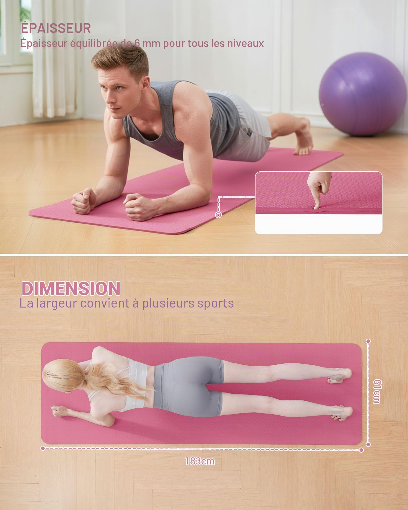 Good Nite Tapis de Yoga de Gymnastique de Exercice Fitness Tapis Fitness Antidérapant de Sport de Pilates avec Sangle de Transport 183 x 61 x 0,6 cm