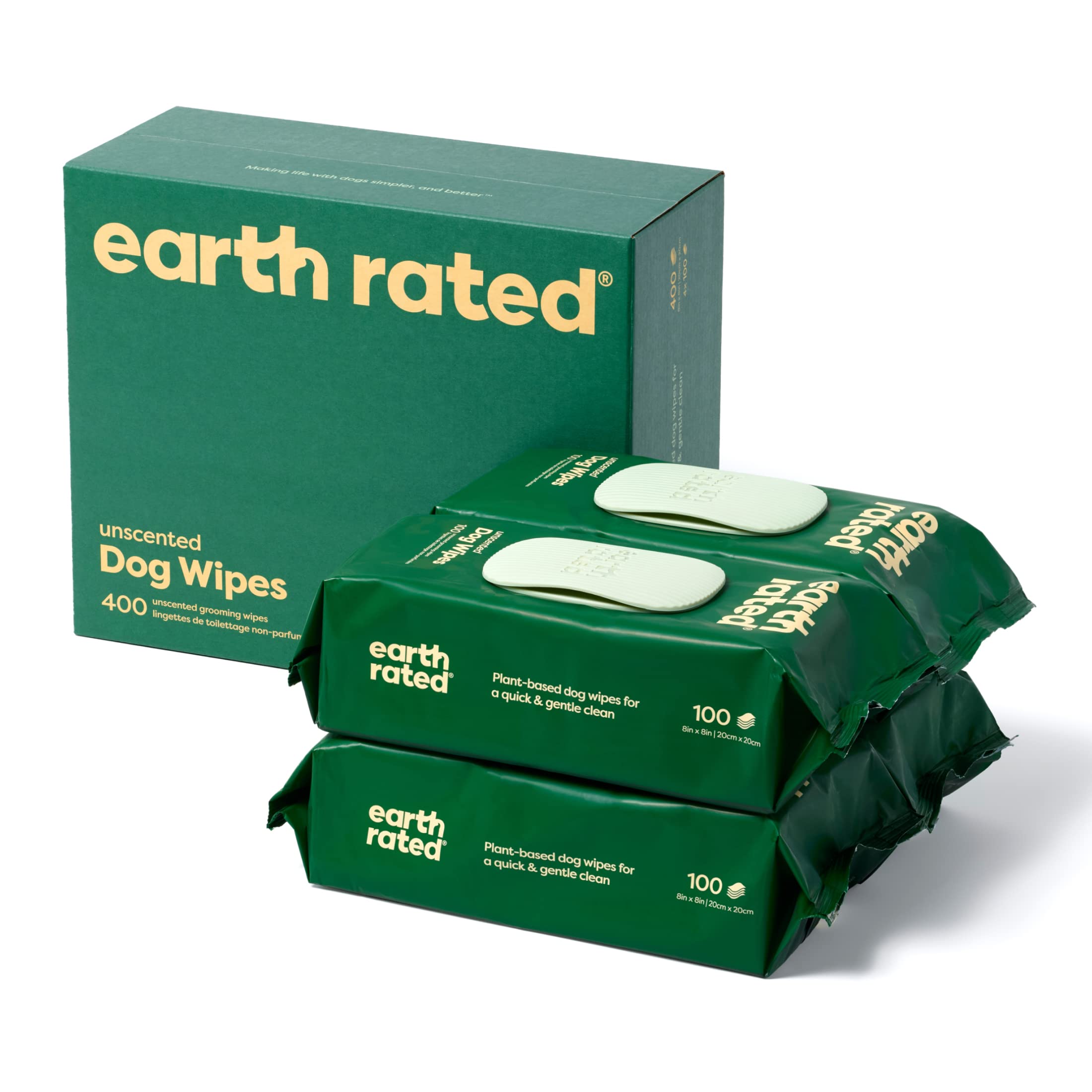 Earth Rated Lingettes hypoallergéniques pour Chiens, nettoyantes et Anti-odeurs, pour Pattes, Corps et arrière-Train, parfaites pour Chiots et Chiens Adultes, sans Parfum, 100 lingettes