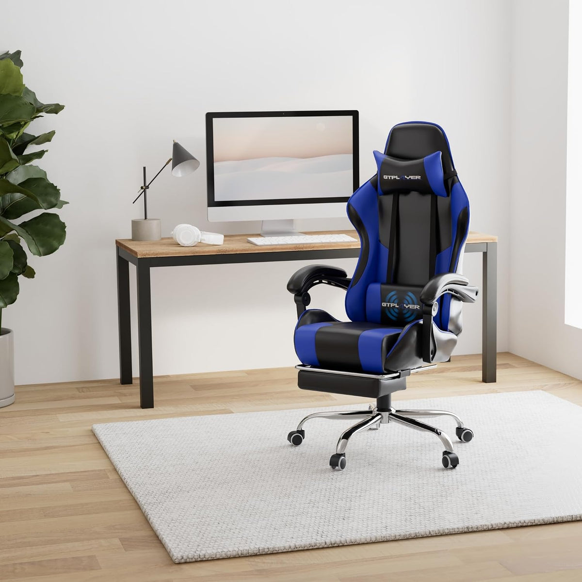 GTPLAYER Chaise Gaming Ergonomique, Fauteuil Gamer, Chaise Bureau, Dossier réglable à 135°, Hauteur Réglable, Repose-Pieds rétractables, Simili Cuir, Supporte 150 kg, Bleu