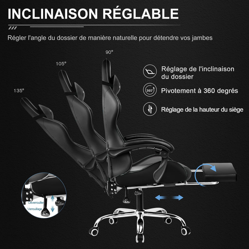 GTPLAYER Chaise Gaming Ergonomique, Fauteuil Gamer, Chaise Bureau, Dossier réglable à 135°, Hauteur Réglable, Repose-Pieds rétractables, Simili Cuir, Supporte 150 kg, Bleu