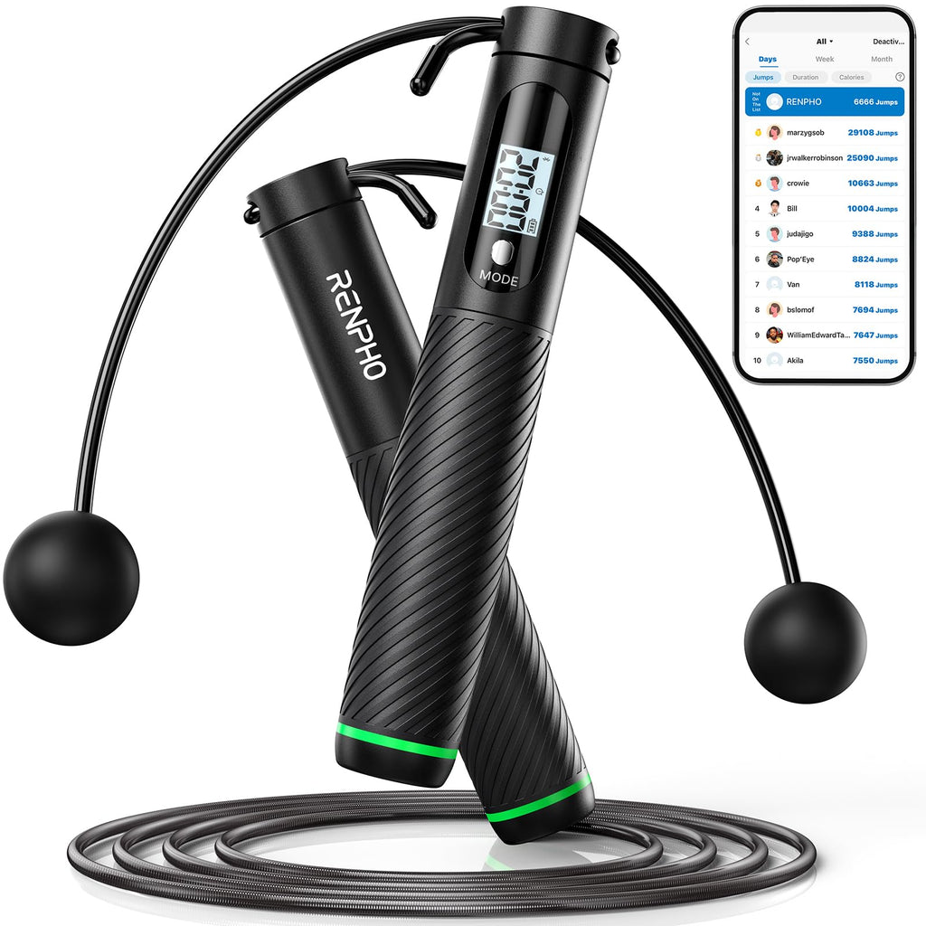 RENPHO Corde à Sauter Intelligente avec Compteur, Corde à Sauter sans Fil Réglable, App Données d'Analyse, Corde a Sauter Fitness Homme Femmes Enfants, Crossfit Équipement d'Entraînement