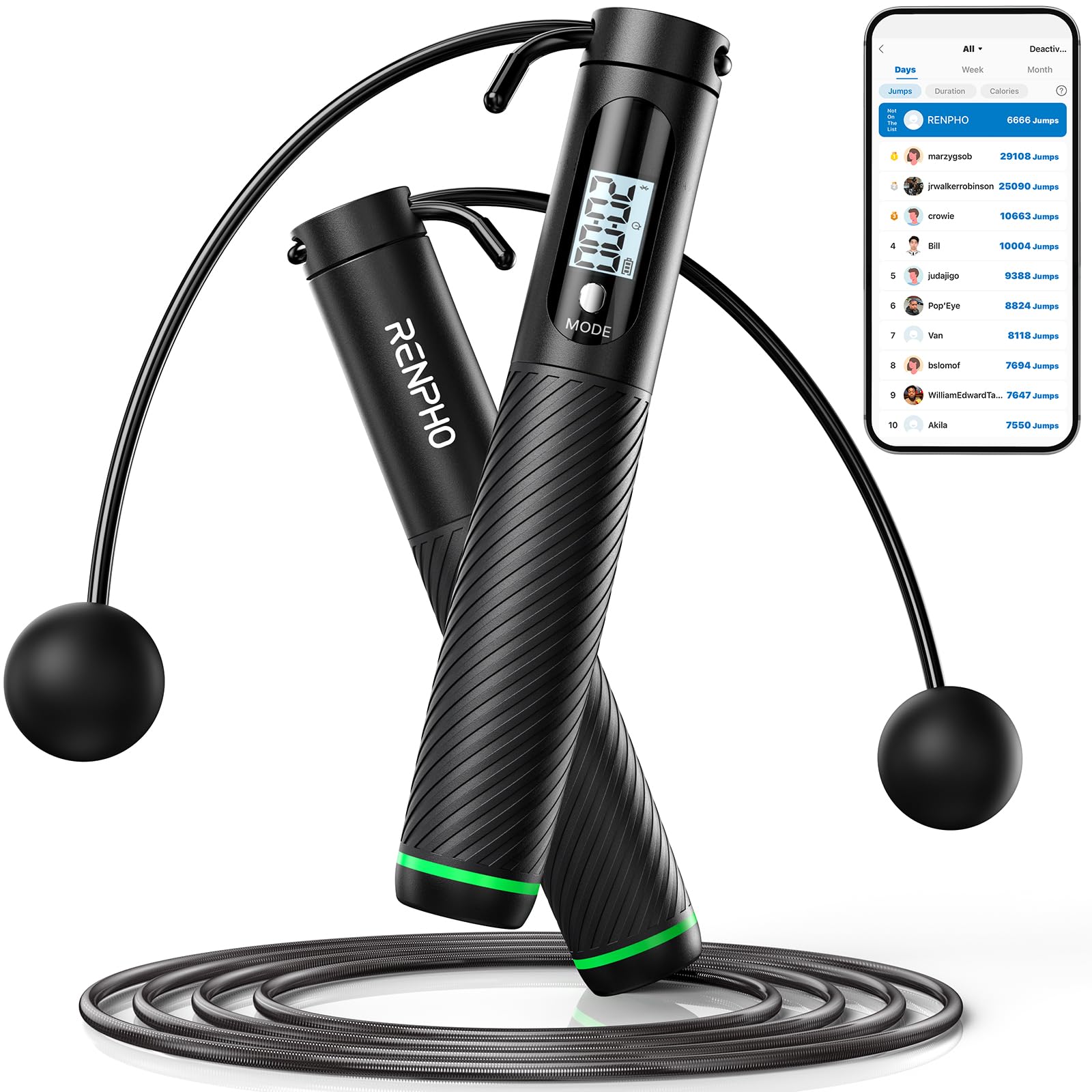 RENPHO Corde à Sauter Intelligente avec Compteur, Corde à Sauter sans Fil Réglable, App Données d'Analyse, Corde a Sauter Fitness Homme Femmes Enfants, Crossfit Équipement d'Entraînement