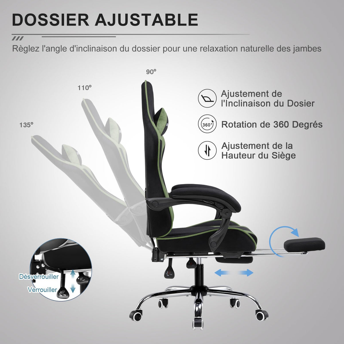 GTPLAYER Chaise Gaming Ergonomique, Fauteuil Gamer, Chaise Bureau, Dossier réglable à 135°, Hauteur Réglable, Repose-Pieds rétractables, Simili Cuir, Supporte 150 kg, Bleu