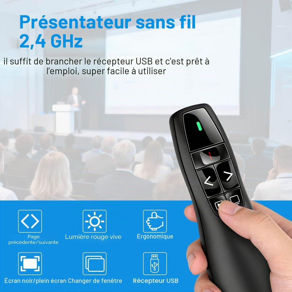 Présentateur Sans Fil 2,4 GHz – Pointeur Laser, 5 Boutons, 100 m, Plug & Play – PowerPoint, Google Slides, Keynote, PC & Mac