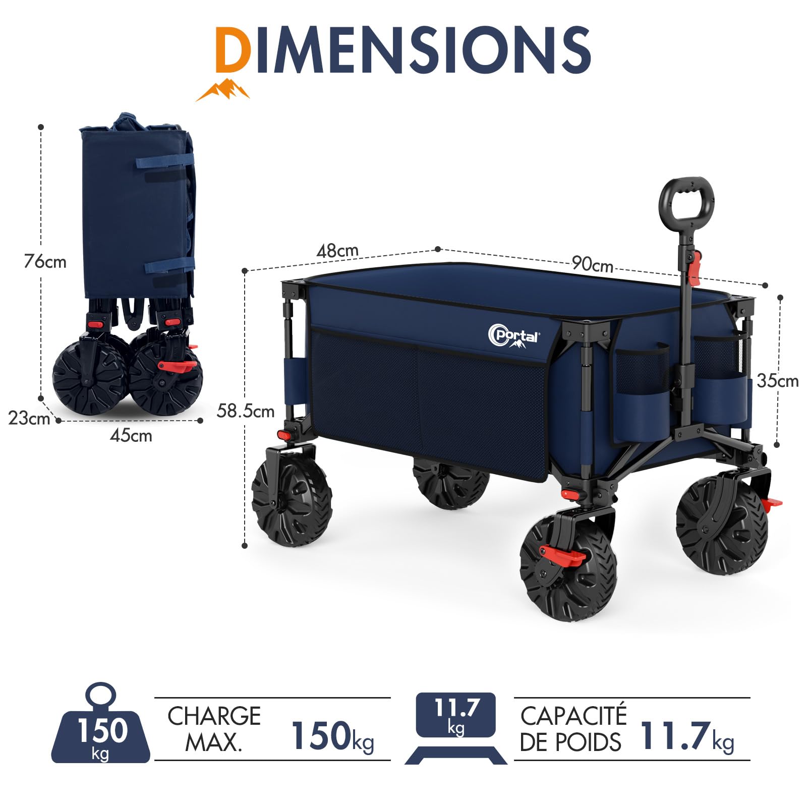 PORTAL Chariot de Plage Pliable – Chariot Tout Terrain Pliable avec Roues 20 cm, Poignée Réglable, 150 kg