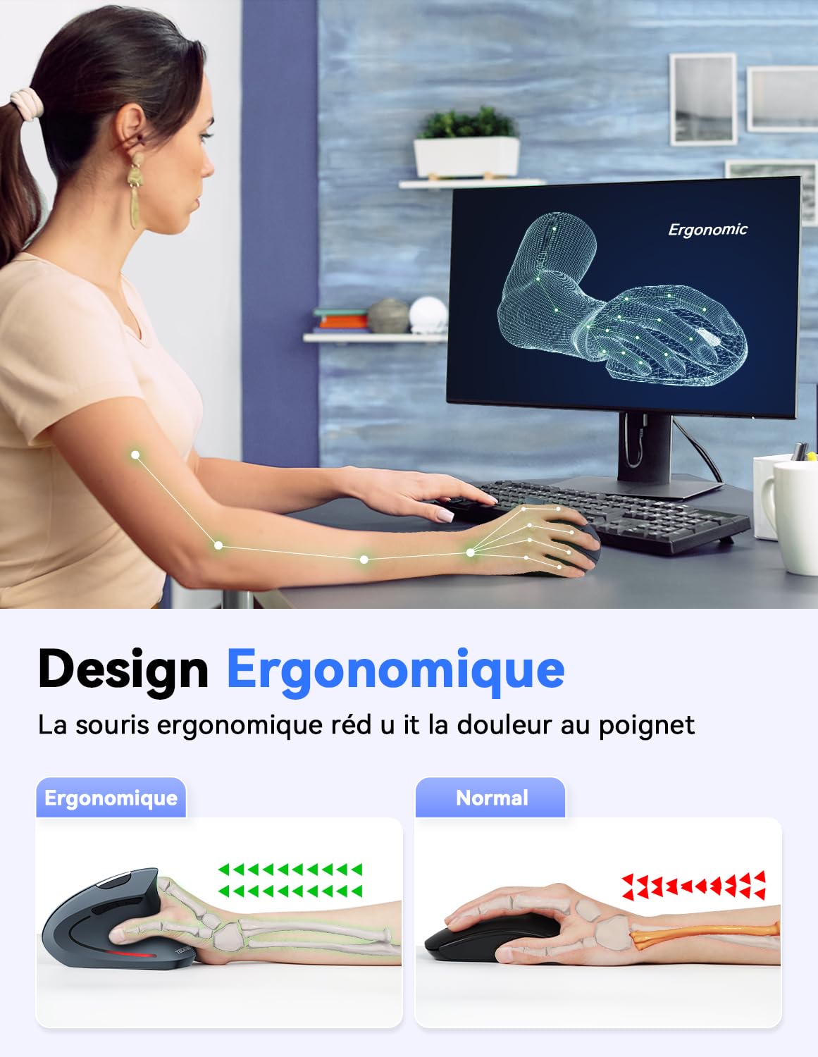TECKNET Souris Verticale, 4800 DPI Souris sans Fil Ergonomique, Protège Le Bras, Souris sans Fil 6 Boutons pour PC, Ordinateur Portable, Mac, Rose