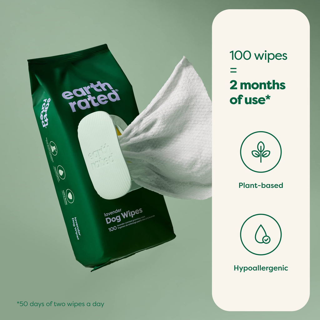 Earth Rated Lingettes hypoallergéniques pour Chiens, nettoyantes et Anti-odeurs, pour Pattes, Corps et arrière-Train, parfaites pour Chiots et Chiens Adultes, sans Parfum, 100 lingettes