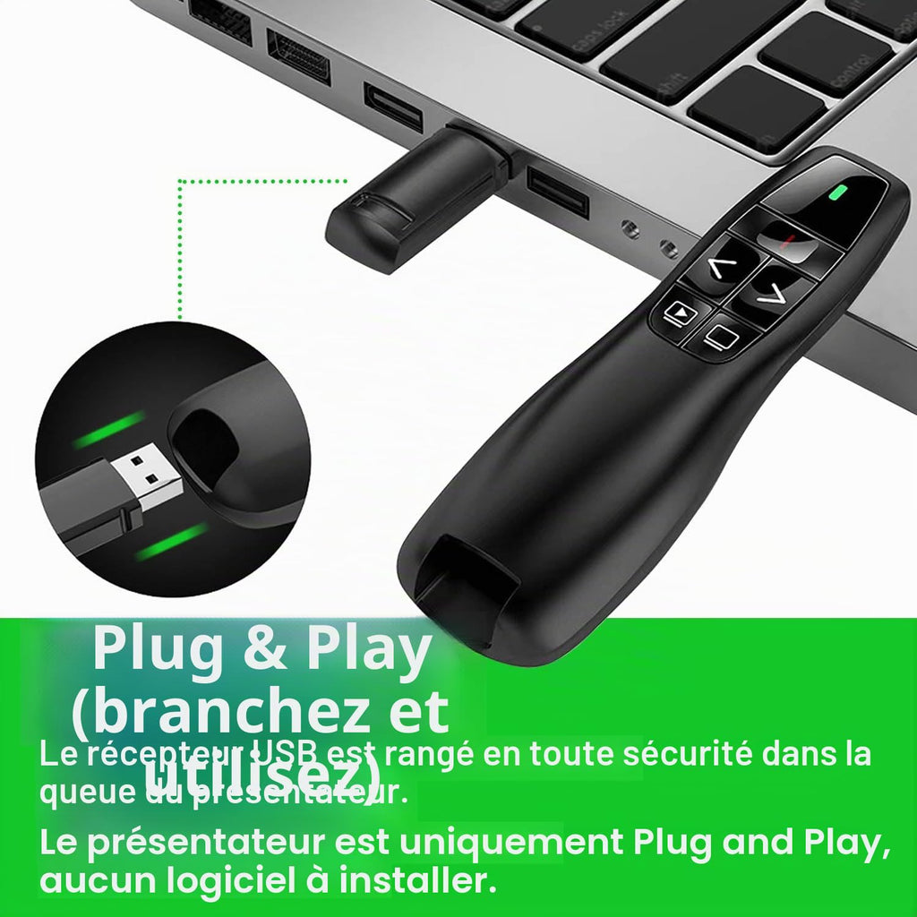 Présentateur Sans Fil 2,4 GHz – Pointeur Laser, 5 Boutons, 100 m, Plug & Play – PowerPoint, Google Slides, Keynote, PC & Mac
