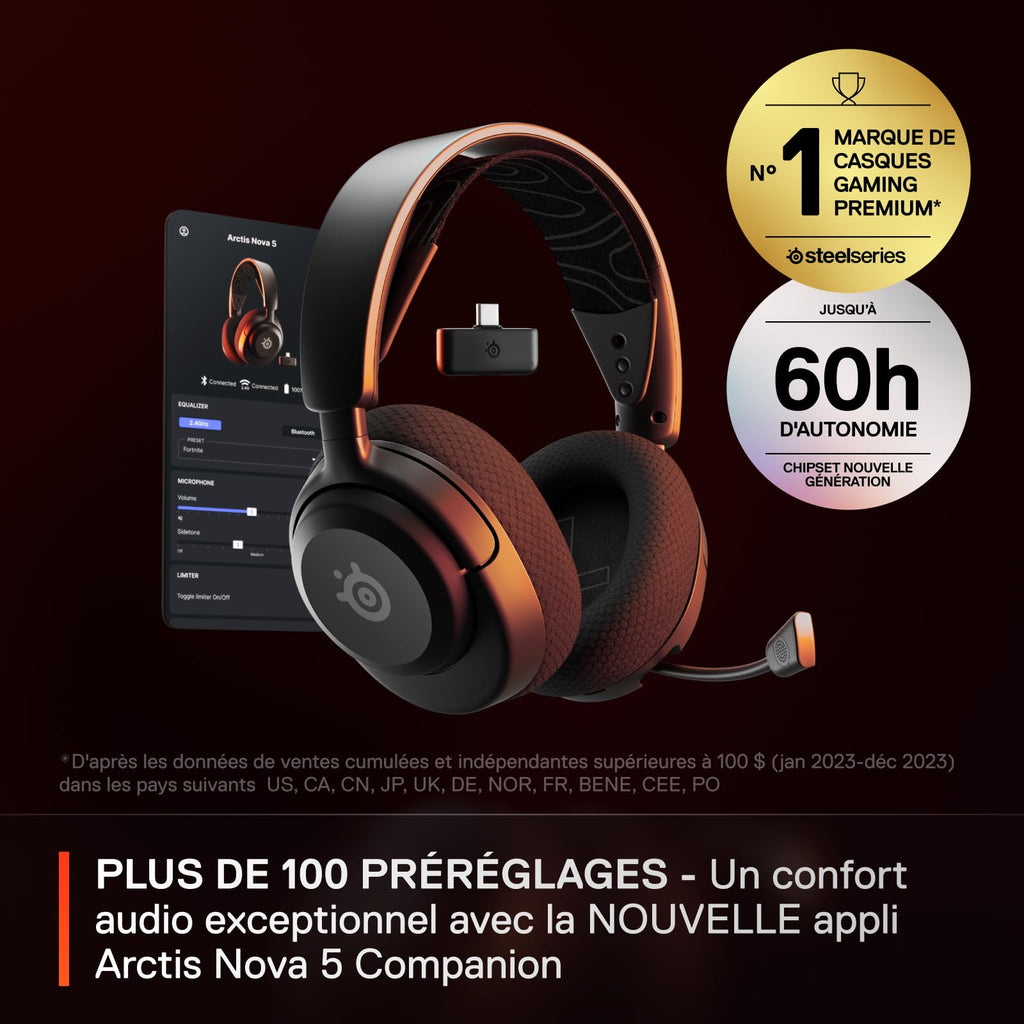 SteelSeries Arctis Nova 5 – Casque Gaming Sans Fil | 60h Batterie | 2,4GHz/BT | Micro ClearCast 2.X