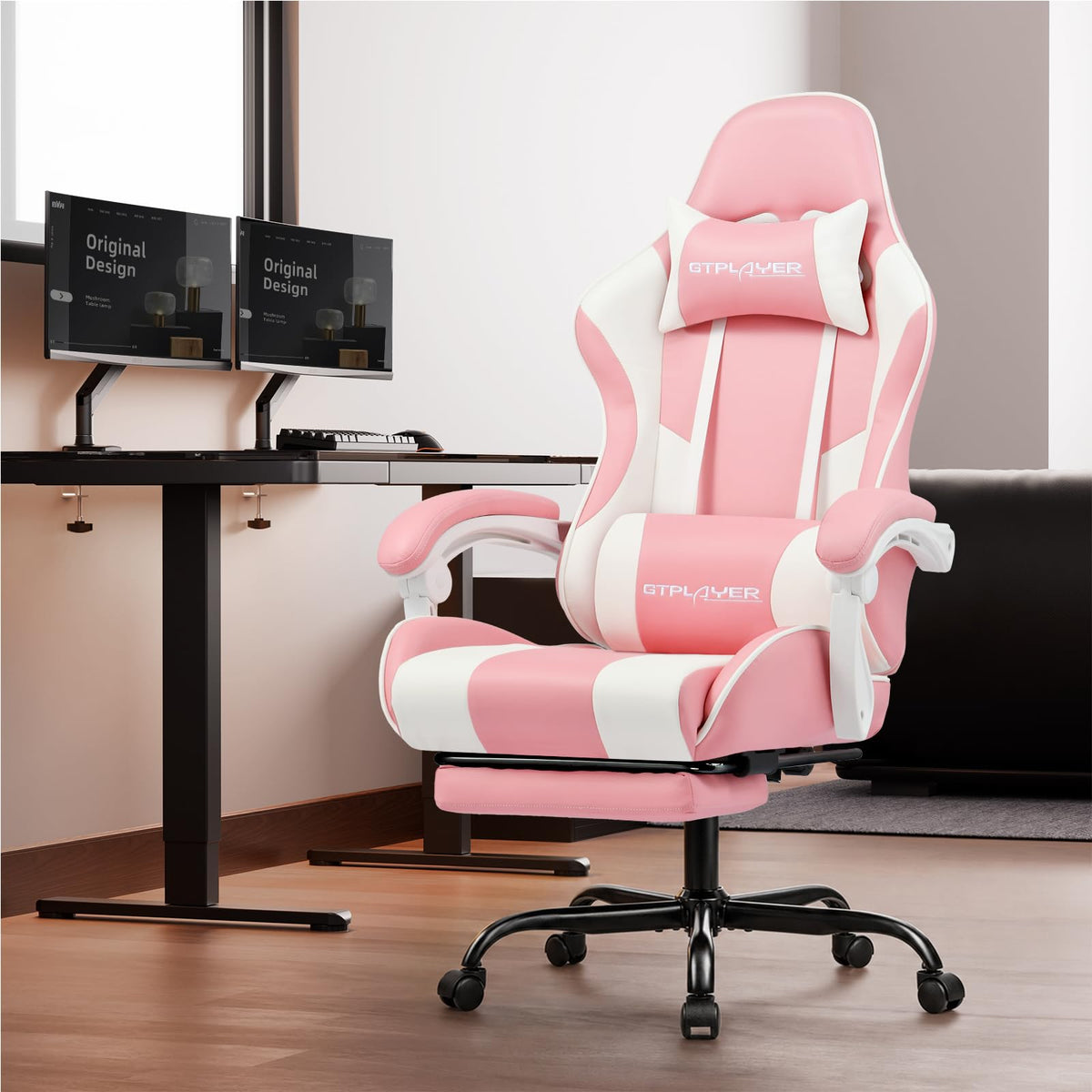 GTPLAYER Chaise Gaming Ergonomique, Fauteuil Gamer, Chaise Bureau, Dossier réglable à 135°, Hauteur Réglable, Repose-Pieds rétractables, Simili Cuir, Supporte 150 kg, Bleu