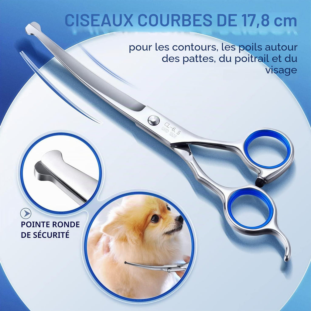 Gimars Ciseaux de toilettage professionnels pour chiens 4CR avec pointe ronde de sécurité, ciseaux droits, effilés et incurvés avec revêtement en titane
