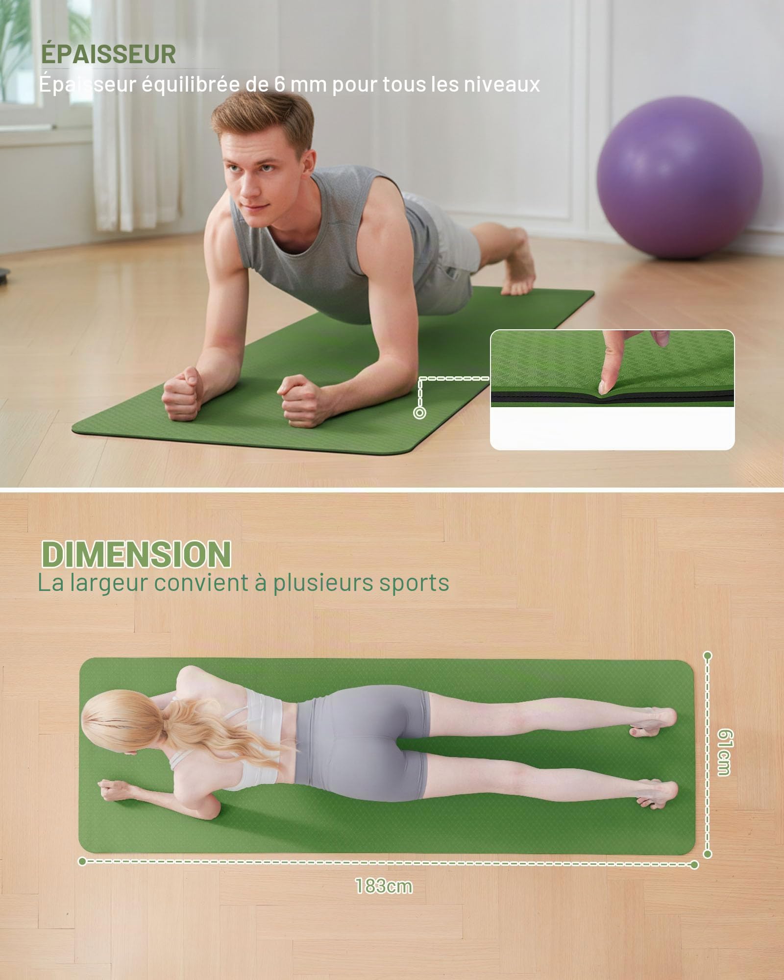Good Nite Tapis de Yoga de Gymnastique de Exercice Fitness Tapis Fitness Antidérapant de Sport de Pilates avec Sangle de Transport 183 x 61 x 0,6 cm