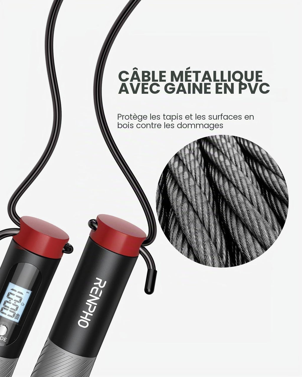 RENPHO Corde à Sauter Intelligente avec Compteur, Corde à Sauter sans Fil Réglable, App Données d'Analyse, Corde a Sauter Fitness Homme Femmes Enfants, Crossfit Équipement d'Entraînement