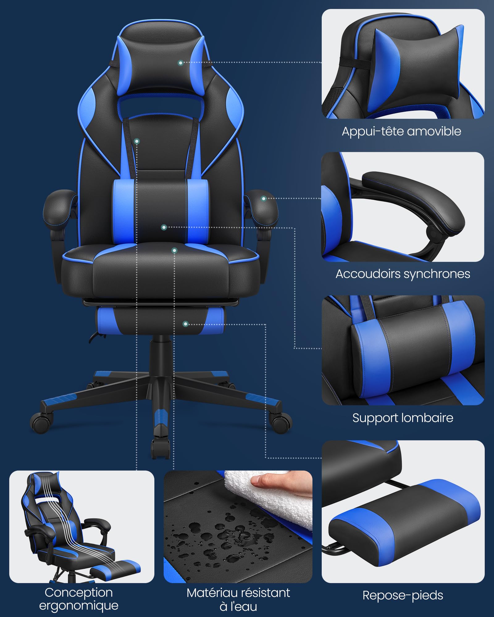 SONGMICS Fauteuil de Bureau Gaming OBG073B03 – Ergonomique, Repose-pieds, Appui-tête, 150 kg