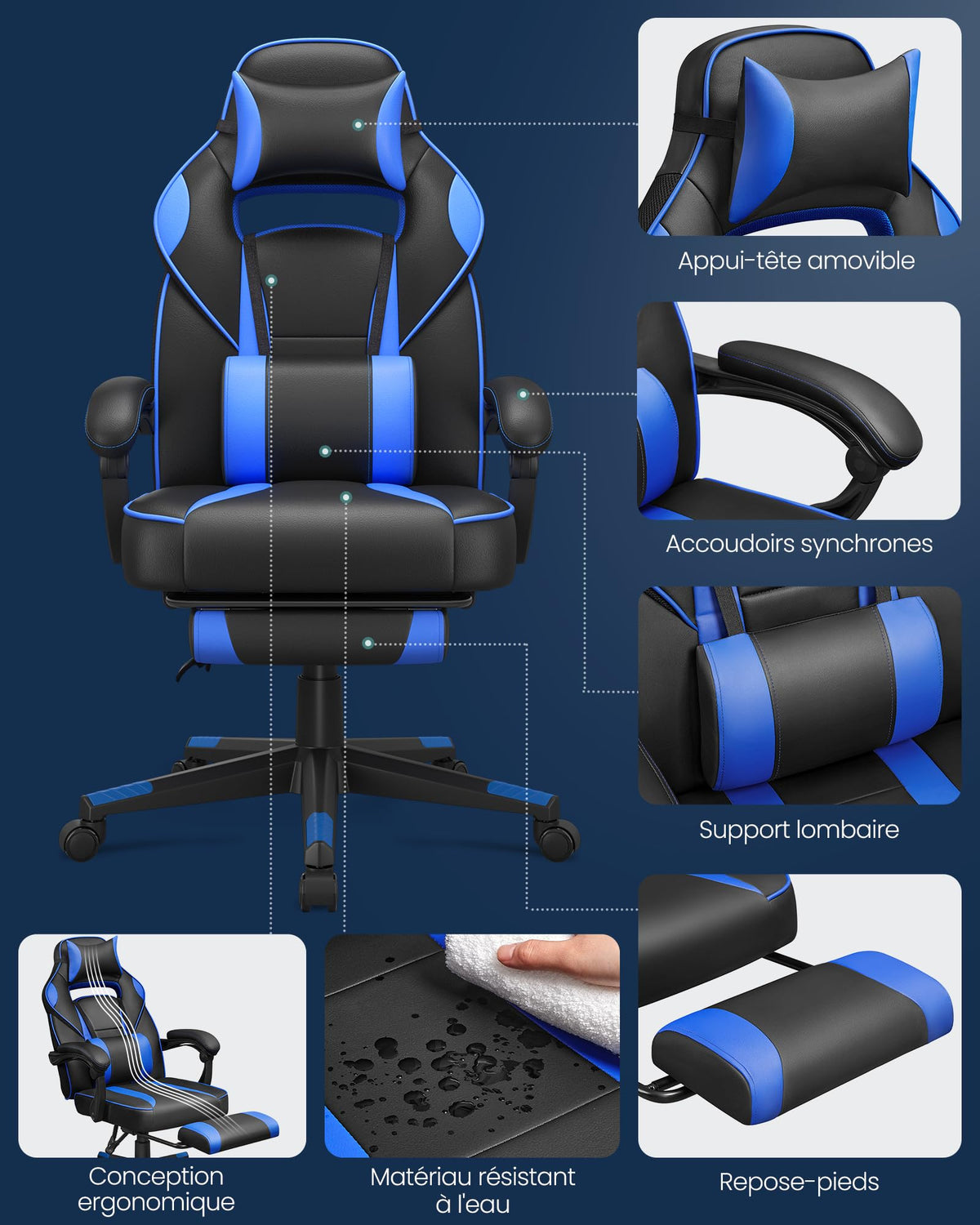 SONGMICS Fauteuil de Bureau Gaming OBG073B03 – Ergonomique, Repose-pieds, Appui-tête, 150 kg