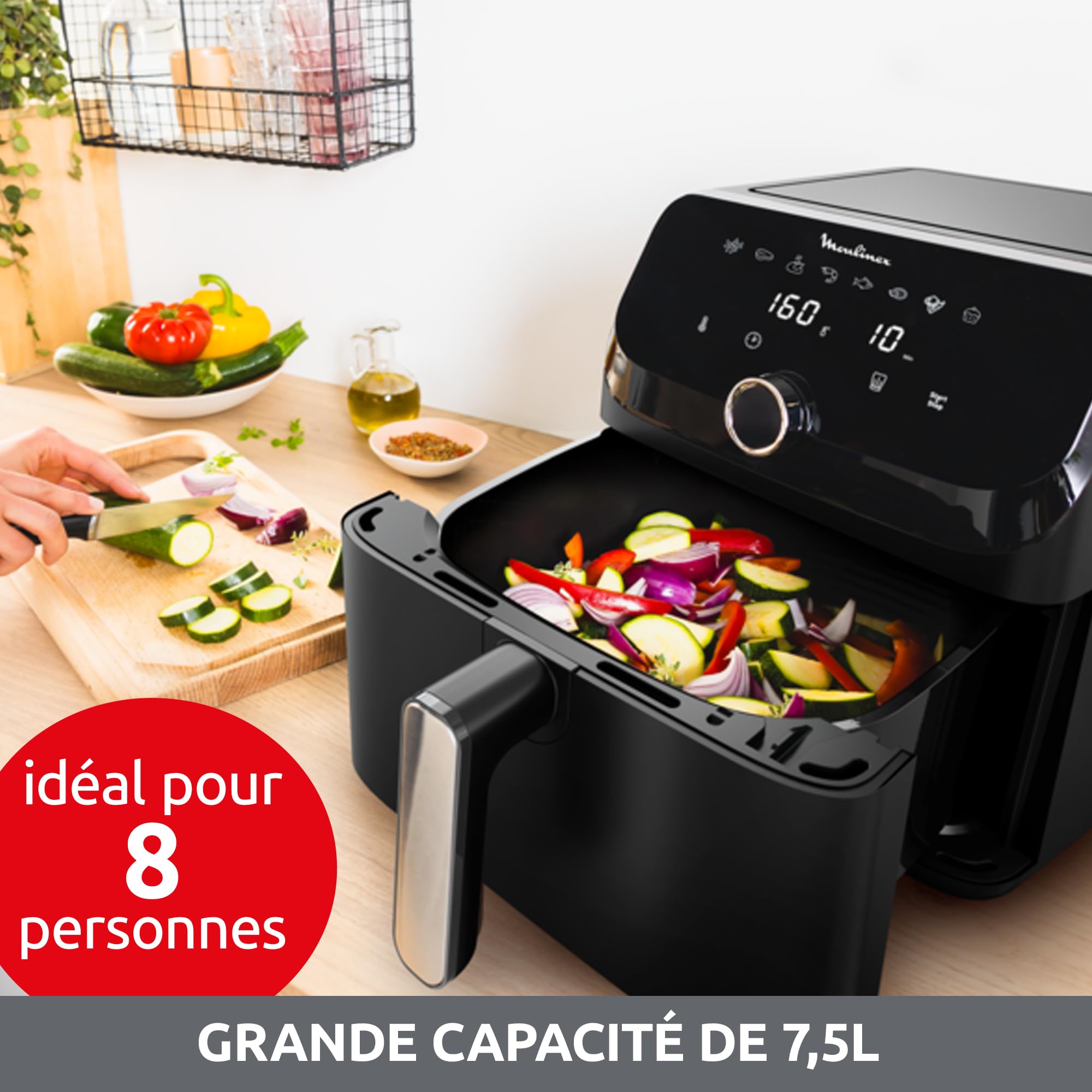 Moulinex Friteuse sans huile + Gril, Capacité XL 4,6L, Jusqu'à 6 personnes, 8 Programmes automatiques, Air Fryer, Ecran tactile digital, Température réglable, Easy Fry & Grill 2en1, EZ505810