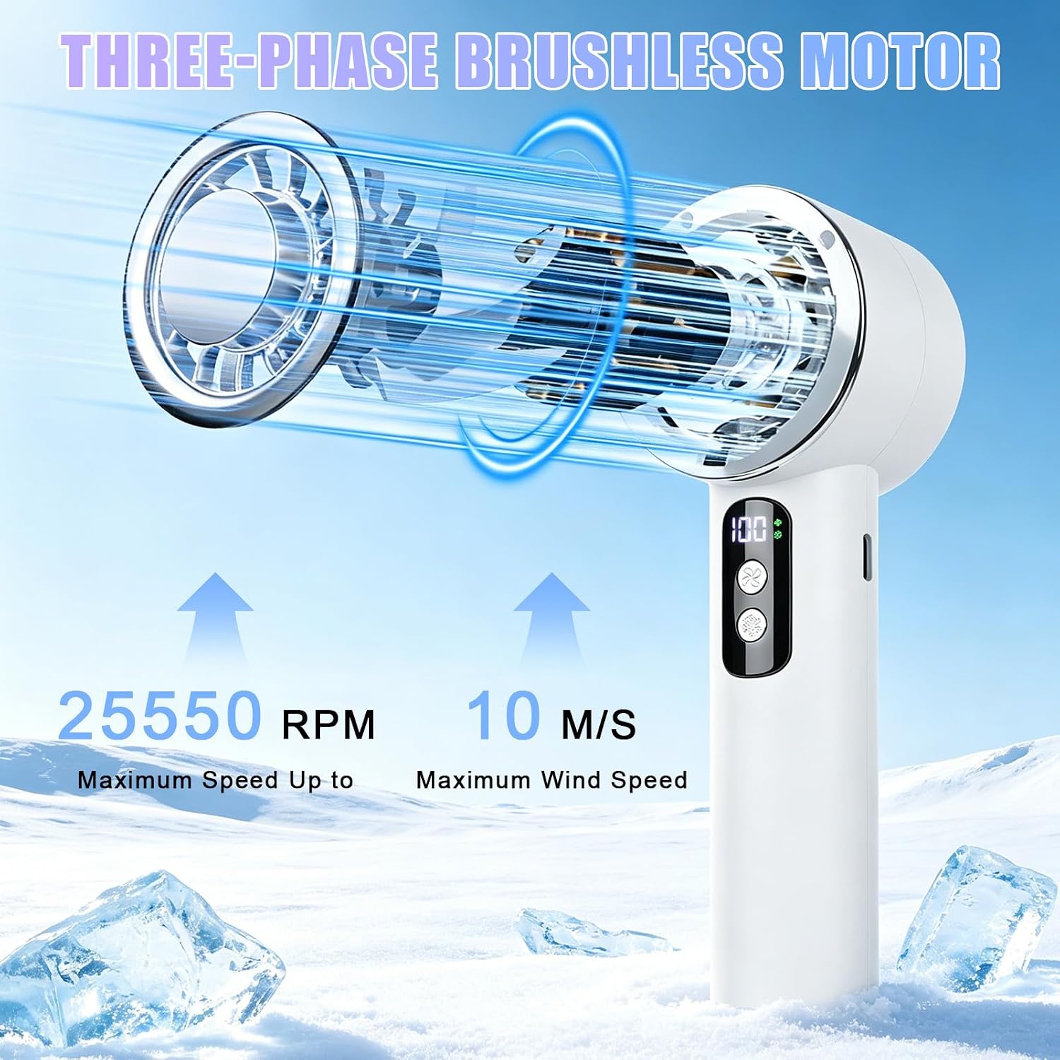 Ventilateur portable avec refroidisseur à glace | Jusqu'à 12 heures de refroidissement | Ventilateur à main de 0 à 100 vitesses | Moteur silencieux puissant de 20 000 tr/min | Mini ventilateur à