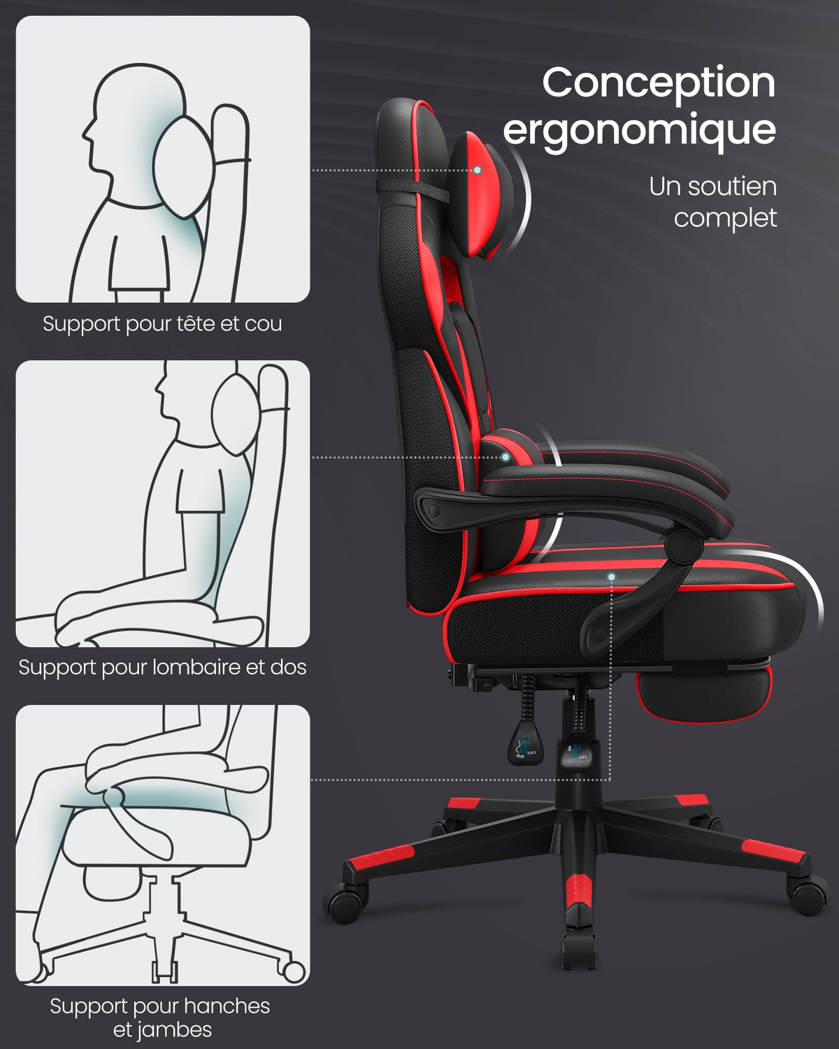SONGMICS Fauteuil de Bureau Gaming OBG073B03 – Ergonomique, Repose-pieds, Appui-tête, 150 kg