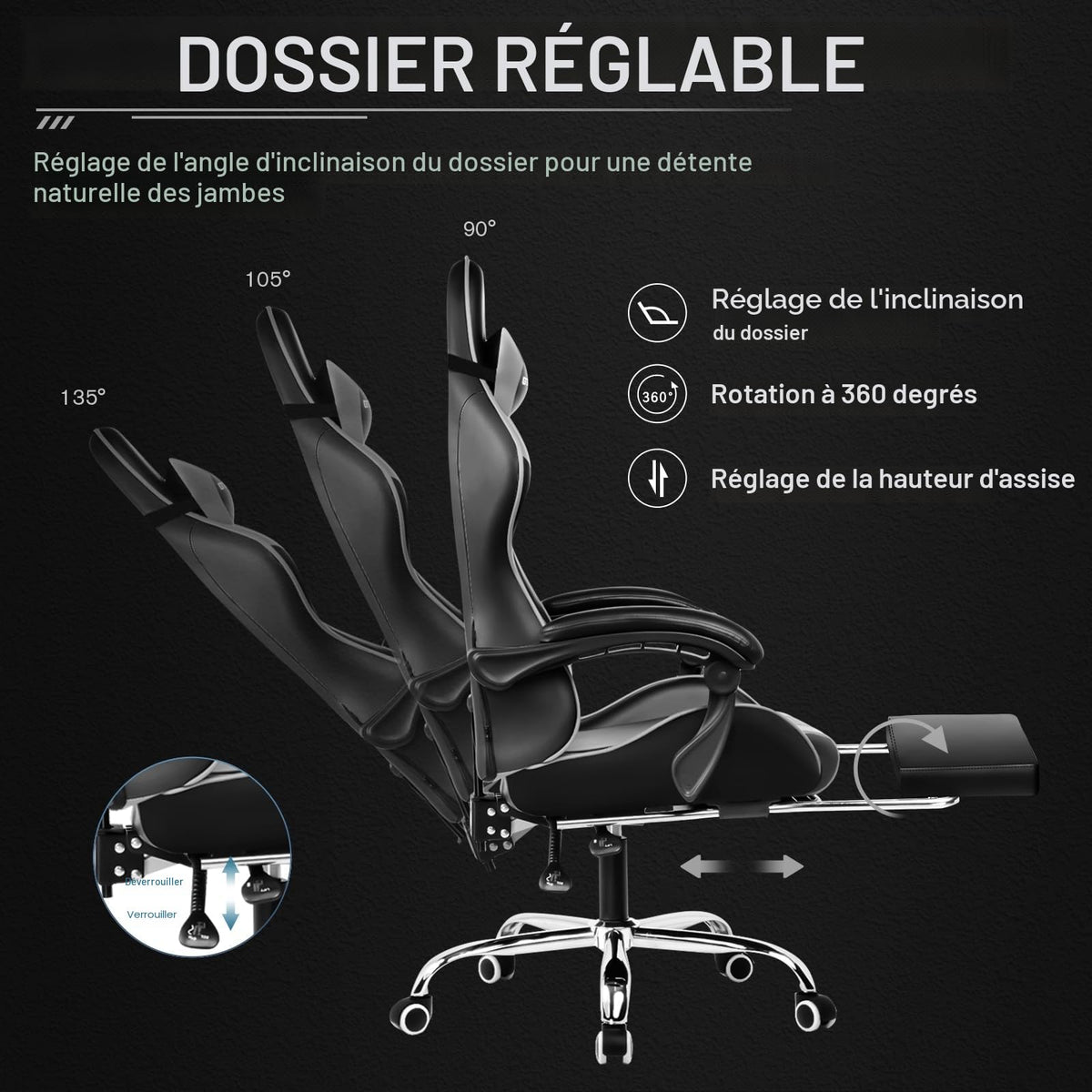 GTPLAYER Chaise Gaming Ergonomique, Fauteuil Gamer, Chaise Bureau, Dossier réglable à 135°, Hauteur Réglable, Repose-Pieds rétractables, Simili Cuir, Supporte 150 kg, Bleu