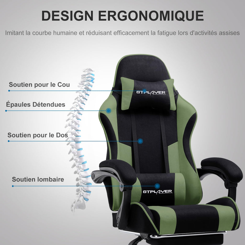 GTPLAYER Chaise Gaming Ergonomique, Fauteuil Gamer, Chaise Bureau, Dossier réglable à 135°, Hauteur Réglable, Repose-Pieds rétractables, Simili Cuir, Supporte 150 kg, Bleu