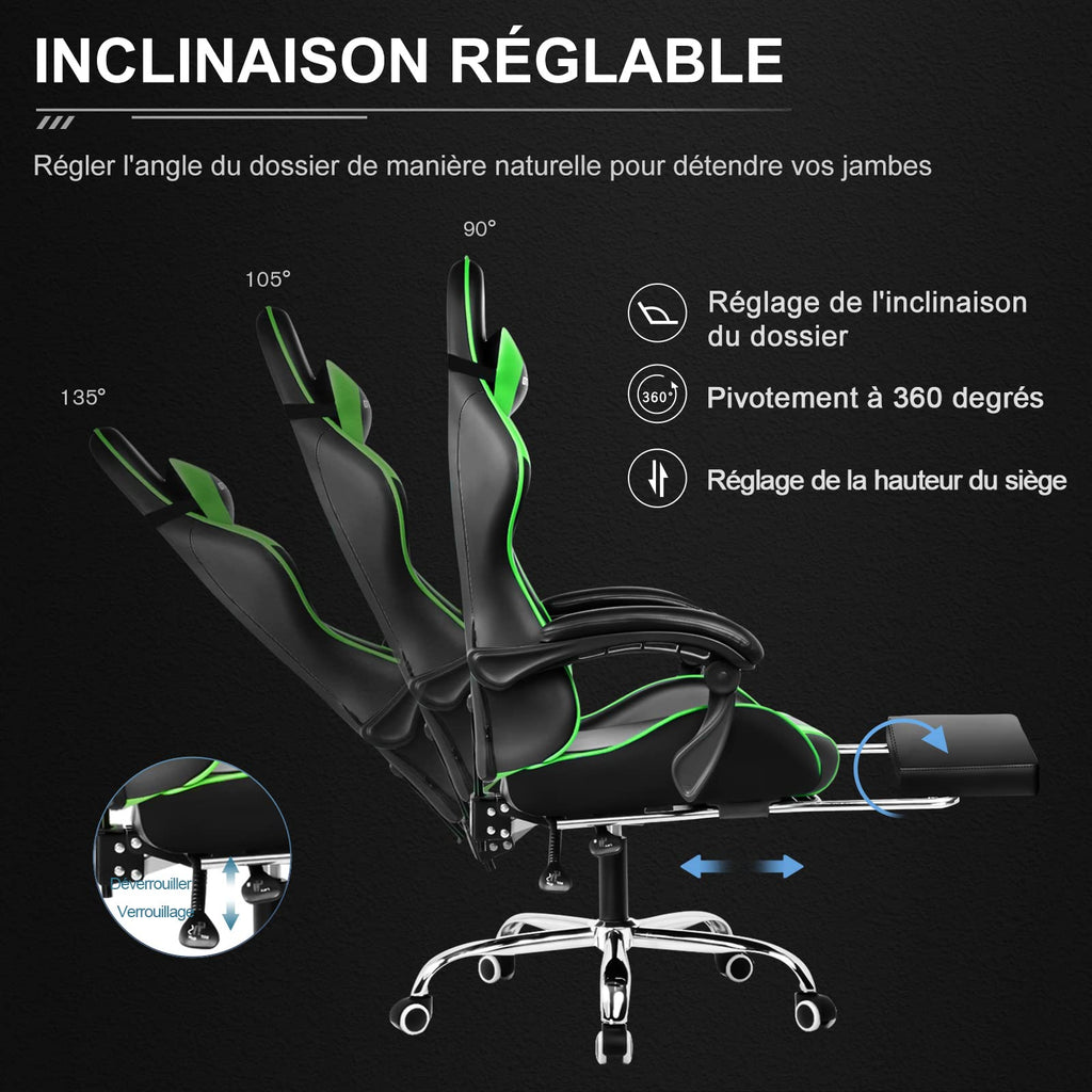 GTPLAYER Chaise Gaming Ergonomique, Fauteuil Gamer, Chaise Bureau, Dossier réglable à 135°, Hauteur Réglable, Repose-Pieds rétractables, Simili Cuir, Supporte 150 kg, Bleu