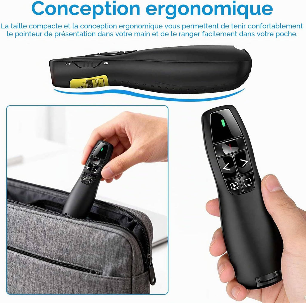 Présentateur Sans Fil 2,4 GHz – Pointeur Laser, 5 Boutons, 100 m, Plug & Play – PowerPoint, Google Slides, Keynote, PC & Mac