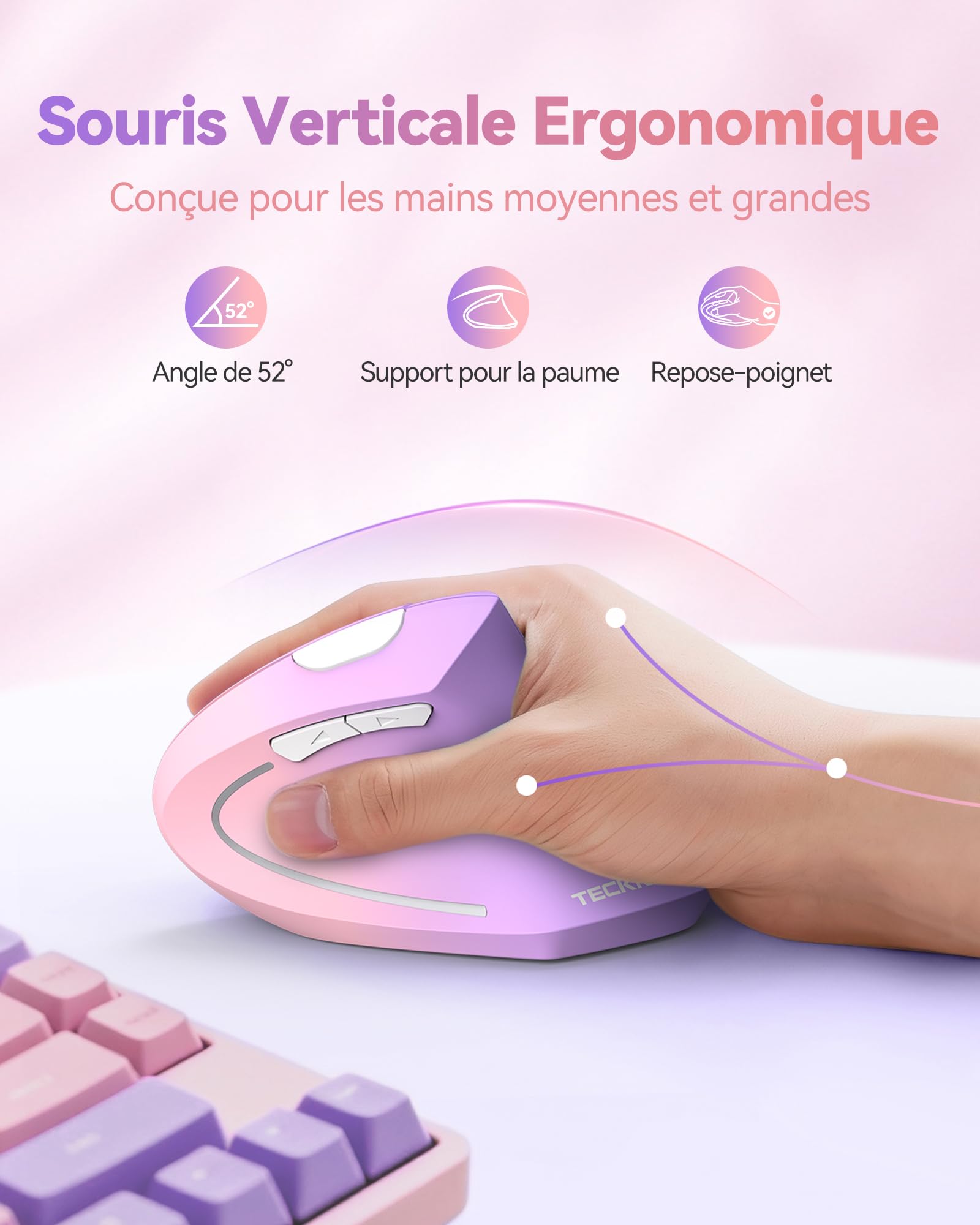 TECKNET Souris Verticale, 4800 DPI Souris sans Fil Ergonomique, Protège Le Bras, Souris sans Fil 6 Boutons pour PC, Ordinateur Portable, Mac, Rose