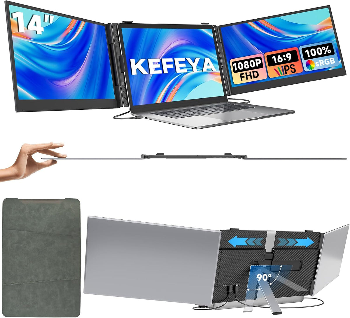 KEFEYA Écran Portable 14" – Extension Écran PC Triple & Double, FHD 1080P 100% sRGB, Plug & Play – Windows, Mac, Android, Switch, PS5