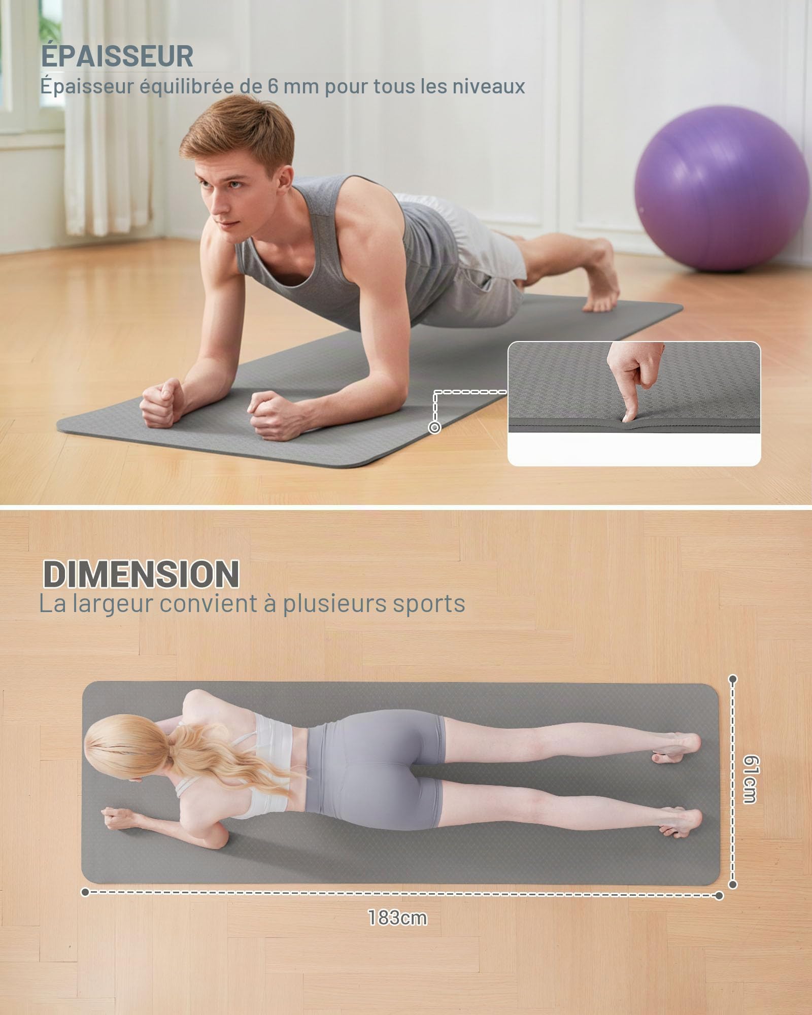 Good Nite Tapis de Yoga de Gymnastique de Exercice Fitness Tapis Fitness Antidérapant de Sport de Pilates avec Sangle de Transport 183 x 61 x 0,6 cm