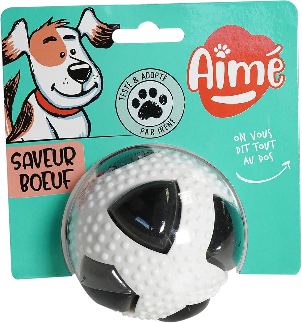 Aimé - Balle pour Chien 5 en 1 Saveur Bœuf - Jouet Interactif/Éducatif pour Développer et Stimuler les 5 Sens - Résistant Toutes Races et Tous Âges - Balle 6 cm